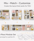 13 Piece Clear Drawer Organizer Set for Bathroom and Kitchen, Modular In Drawer Storage System, Plastic Organizer Bins displayed with items inside