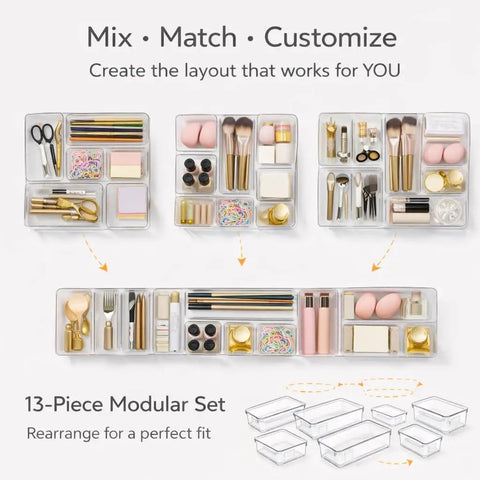 13 Piece Clear Drawer Organizer Set for Bathroom and Kitchen, Modular In Drawer Storage System, Plastic Organizer Bins displayed with items inside