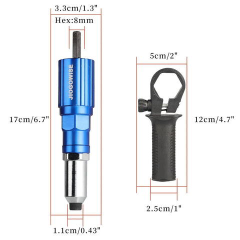 Cordless Drill Rivet Gun Adapter Kit Converts Your Drill Into a Rivet Gun With 4 Rivet Heads and 80 Rivets For Easy Pop Riveting Includes 2.4 3.2 4.0 and 4.8 mm Sizes Works With 18V to 24V Drills Simple Torque Clutch Setup, shown with size measurements for each component.