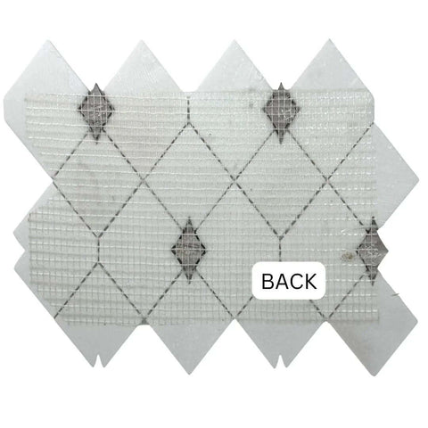 Back view of 3x3.5 in Thassos white marble and gold glass diamond mosaic tile sheet, mesh-backed