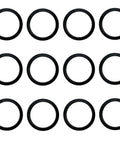 Image of 12 black oxide 5/8x24 Thread Steel Crush Washer for 308 Rifles, CNC machined, arranged in rows for muzzle fit and sealing.
