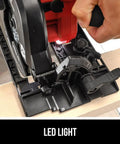Badass 20V Brushless Cordless Circular Saw Kit With A Full 7 1/4 Inch Blade Spinning Smooth At 5300 RPM Fully Loaded With Heavy Duty Lithium Battery And Lightning Fast Charger Built To Go showing LED light for improved visibility.