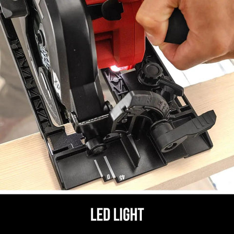 Badass 20V Brushless Cordless Circular Saw Kit With A Full 7 1/4 Inch Blade Spinning Smooth At 5300 RPM Fully Loaded With Heavy Duty Lithium Battery And Lightning Fast Charger Built To Go showing LED light for improved visibility.