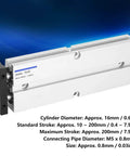 TN16 X100 S Pneumatic Double Acting Aluminum Alloy Air Cylinder with 10200mm Stroke shown against a blue background with specifications.
