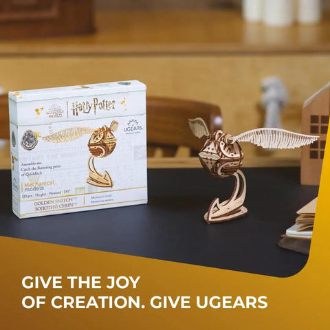 Levitating Golden Snitch 3D Puzzle Kit For Adults And Teens, Dope Harry Potter Wooden Model on desk with box