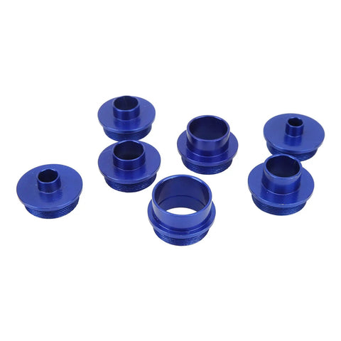 Rock Solid 10 Piece Router Template Guide Bushing Kit With 8 Precision Aluminum Bushings And Heavy Duty Lock Nuts displaying blue aluminum bushings.