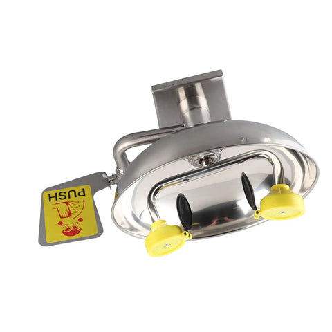 Wall Mounted Emergency Eye Wash Station With Dual Nozzles And Flip Covers, 304 Stainless Steel, Safety Sign Included