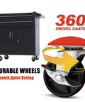 Real Deal Rolling Tool Chest With Two Secure Lockable Drawers And Heavy Gauge Cold Rolled Steel Build Designed Tough For Shop Grind And Weekend Warriors In Matte Black, showing durable wheels with 360° swivel casters.