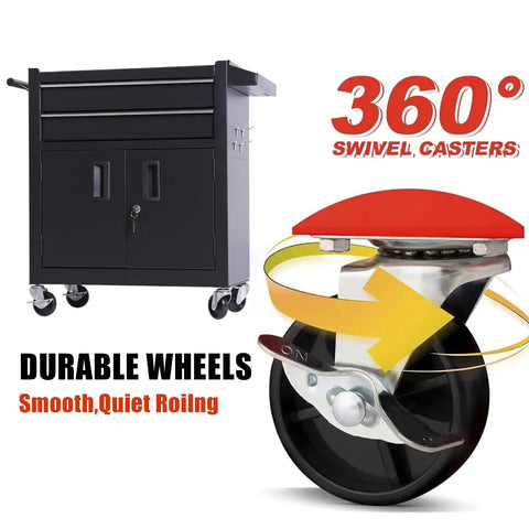 Real Deal Rolling Tool Chest With Two Secure Lockable Drawers And Heavy Gauge Cold Rolled Steel Build Designed Tough For Shop Grind And Weekend Warriors In Matte Black, showing durable wheels with 360° swivel casters.