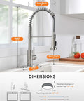 Straight Up Commercial Spring Kitchen Faucet With Pull Down Sprayer In Brushed Nickel dimensions showing height and spout reach.