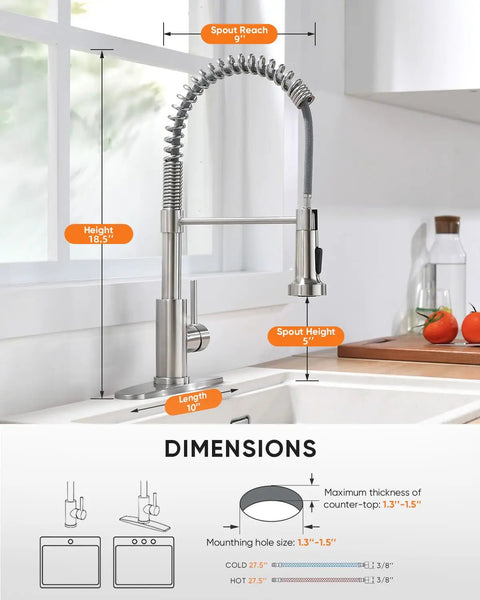 Straight Up Commercial Spring Kitchen Faucet With Pull Down Sprayer In Brushed Nickel dimensions showing height and spout reach.