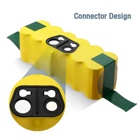 Replacement Roomba Battery 14.4V 5000mAh Ni MH Battery for Roomba 500 through 900 series with yellow casing and connector design.