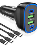 90W Four Port USB C Super Fast Car Charger With Dual PD Ports For iPhone And Android Phones, featuring three USB-C cables.