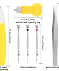 9 Piece Watch Battery Replacement Tool Kit with case opening knife, case opening pry, screwdrivers, and precision tweezers.