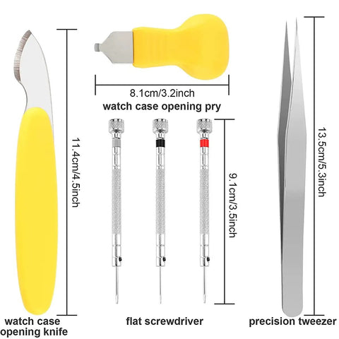 9 Piece Watch Battery Replacement Tool Kit with case opening knife, case opening pry, screwdrivers, and precision tweezers.