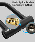 Close-up of Heavy Duty Bike U Lock with detailed view of lock cylinder and mechanism, highlighting strength against hydraulic shearing.