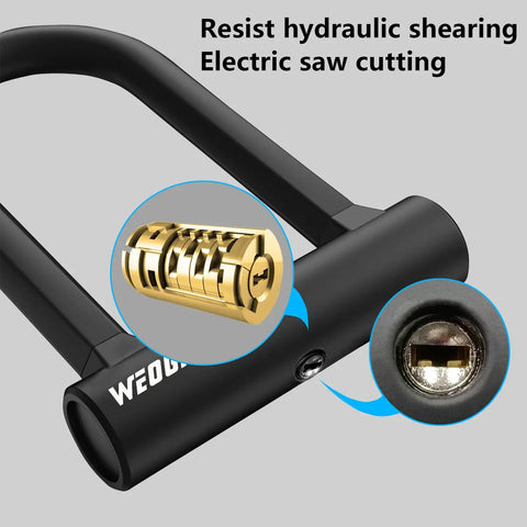 Close-up of Heavy Duty Bike U Lock with detailed view of lock cylinder and mechanism, highlighting strength against hydraulic shearing.