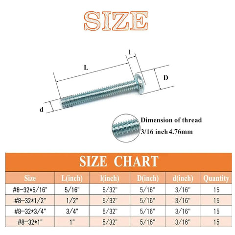 60 Piece Set Of Machine Screws Size Eight Thirty Two Thread Assortment Kit With Phillips Pan Head In Four Lengths Size Chart