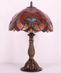 Tiffany Style Red Liaison Stained Glass Table Lamp With Antique Green Bronze Base, 12 Inch Shade And 18 Inch Tall Desk Bedside Light