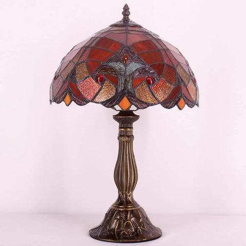 Tiffany Style Red Liaison Stained Glass Table Lamp With Antique Green Bronze Base, 12 Inch Shade And 18 Inch Tall Desk Bedside Light
