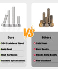 Comparison chart of 480 Piece M4 Screws Assortment Kit for 3D Printer showing 304 stainless steel screws vs rusted screws.