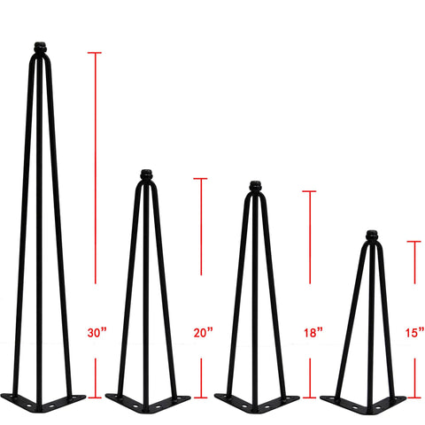 Different sizes of hairpin metal table legs for furniture projects, highlighting the 20 inch set of 4 with black screws and cushions.