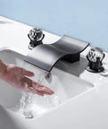 Widespread Matte Black Bathroom Sink Faucet With Crystal Knobs, Two Handles, Wide Waterfall Spout, 8 Inch Deck Mount Vanity Faucet