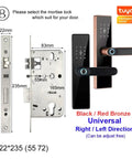 Detailed view of Slick Wifi Smart Door Lock Featuring Fingerprint Scanner And Keypad Entry For Hassle Free Home Security Plus Remote App Management And Usb Emergency Charge In Red Bronze Finish with dimensions.
