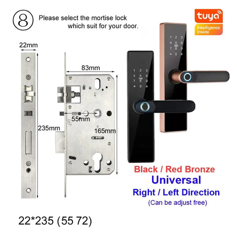 Detailed view of Slick Wifi Smart Door Lock Featuring Fingerprint Scanner And Keypad Entry For Hassle Free Home Security Plus Remote App Management And Usb Emergency Charge In Red Bronze Finish with dimensions.