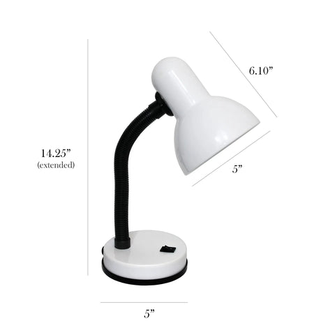 Basic Metal Desk Lamp With Flexible Hose Neck In White Finish, dimensions 14.25x5x6.1 inches, side view.