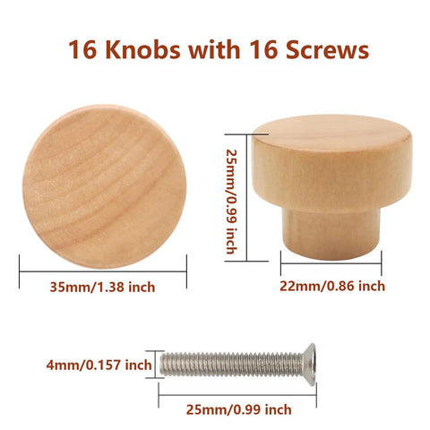 16 Pack Wood Cabinet Knobs Flat Top Round Natural Wood Drawer Pulls 35mm Diameter 25mm Height 22mm Base Easy Install For Cabinets And Dressers Rustic Classic Knob Kit