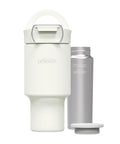 Vacuum Insulated Stainless Steel Baby Formula And Breast Milk Chiller Tumbler With Cooling Insert Keeps Milk Ice Cold On The Go For Parents Riding The Daily Grind Or Hitting The Road In Arctic White and a silver insert.