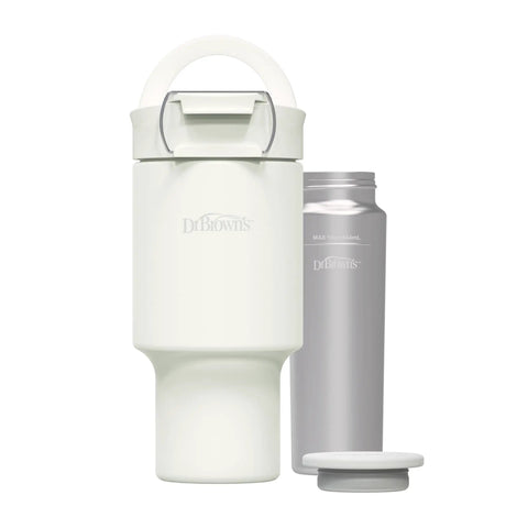 Vacuum Insulated Stainless Steel Baby Formula And Breast Milk Chiller Tumbler With Cooling Insert Keeps Milk Ice Cold On The Go For Parents Riding The Daily Grind Or Hitting The Road In Arctic White and a silver insert.