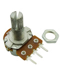 50K Ohm Linear Potentiometer With Knurled Shaft, 15mm Shaft Length, 6mm Shaft Diameter, 7mm Thread, 8mm Base Height, shown with nut