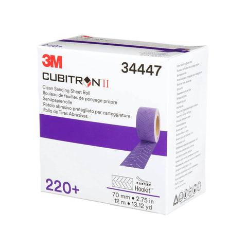 Cubitron II Hookit Abrasive Sheet Roll For Auto Body Repair box with purple multi-hole sandpaper visible.
