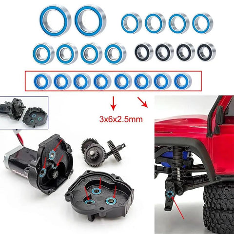 22 Piece Metal Sealed Bearing Set For 1 To 18 RC Cars with close-ups of bearings and installation in drivetrain and axles.
