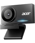 Crisp 4K Webcam For PC And Mac With Sony Sensor, sleek black design, dual noise canceling mics, privacy shutter.