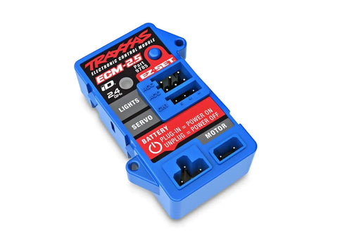 Blue ECM 2.5 Electric Control Module For TRX 4M Waterproof RC Car Electronics with button and connector details.