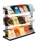 Three Tier Tea Bag Organizer With Clear Acrylic Compartments And Black Steel Frame Holds 15 Compartments For Coffee Station Storage