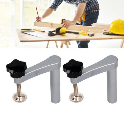 Two Pack Woodworking Bench Dog Clamp Set For DIY Projects, heavy duty, 19mm aluminum alloy, shown in workshop setting