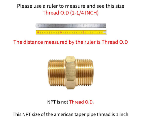 Brass NPT Hex Nipple Male Pipe Adapter 1 Inch By 1 Inch Thread Outer Diameter 1.25 Inches with ruler for size reference