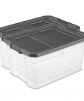 2 Pack 76 Quart Clear Stackable Storage Bins With No Fuss Latch Lids And Dark Gray Covers, heavy duty plastic, organized storage.