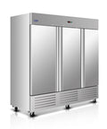 81 Inch Commercial Freezer Refrigerator With Three Solid Doors Delivers Seventy Two Cubic Feet Of Heavy Duty Storage Space Stainless Steel Construction ETL Approved Led Interior Lights Nine Adjustable Shelves Runs Silent No Sweat, side view.