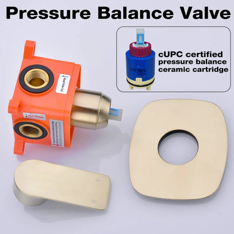 Pressure Balance Rain Shower System With Concealed Valve 10 Inch Rain Head Brushed Gold Finish All In One Easy Install Kit; valve parts