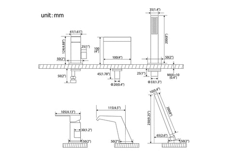 Technical drawing of Roman Tub Faucet With Sprayer And Hand Shower Deck Mount 3 Hole Brushed Nickel Finish, dimensions in mm.