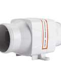 Heavy Duty Inline Marine Bilge Blower Fan DC 12 Volt 130 Cfm Slick White Abs Housing side view showing intake ports.
