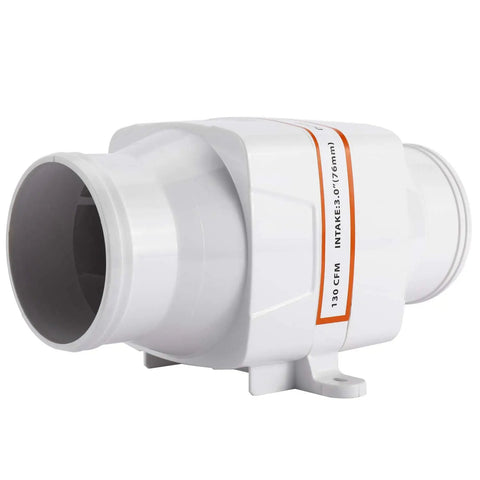 Heavy Duty Inline Marine Bilge Blower Fan DC 12 Volt 130 Cfm Slick White Abs Housing side view showing intake ports.