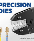 Pro Grade Crimping Tool For Non Insulated Open Barrel Terminals And Receptacles Ratchet Wire Crimper For AWG 22 To 10 Easy Precise Crimp With Shell Safe Indentation HS 5327 showing precision dies and terminal examples.