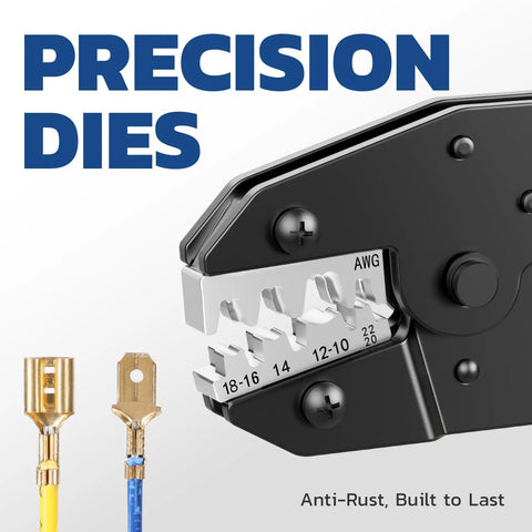 Pro Grade Crimping Tool For Non Insulated Open Barrel Terminals And Receptacles Ratchet Wire Crimper For AWG 22 To 10 Easy Precise Crimp With Shell Safe Indentation HS 5327 showing precision dies and terminal examples.