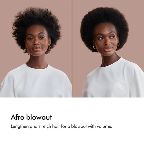 Two images of a woman with natural afro hair styled into a voluminous blowout, wearing a white top.
